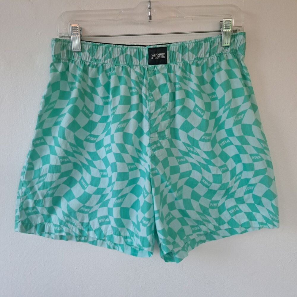 Pink Victorias Secret Women Medium Teal White Checkered Boxer Sleep Lounge Short